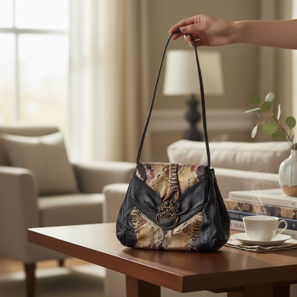 Vintage Sharif Black/ Multicolor Reptile Skin Leather Shoulder Purse USA - Picture 3 of 8